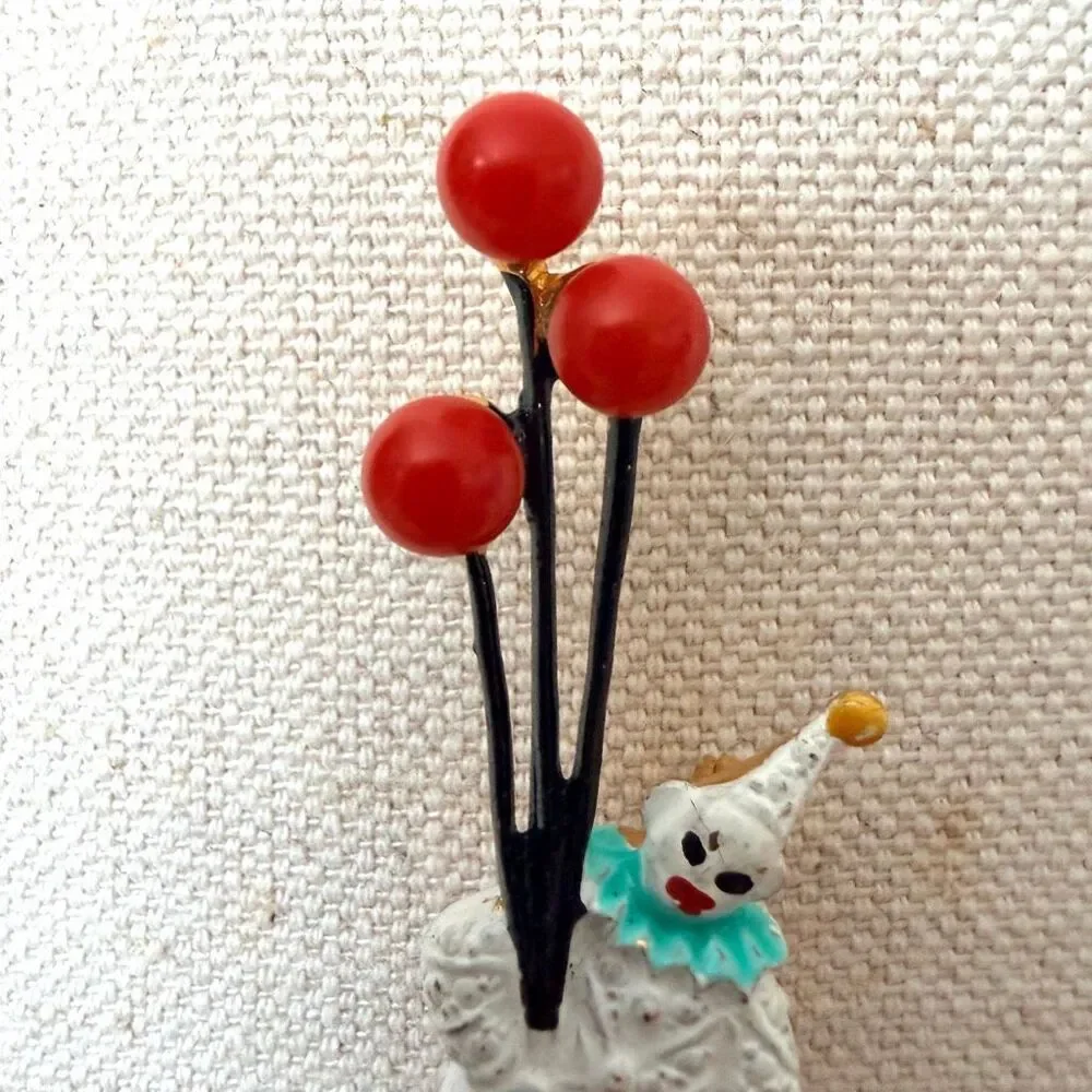 Vintage Enamel Clown Juggling Red Balloons Gold Tone Brooch